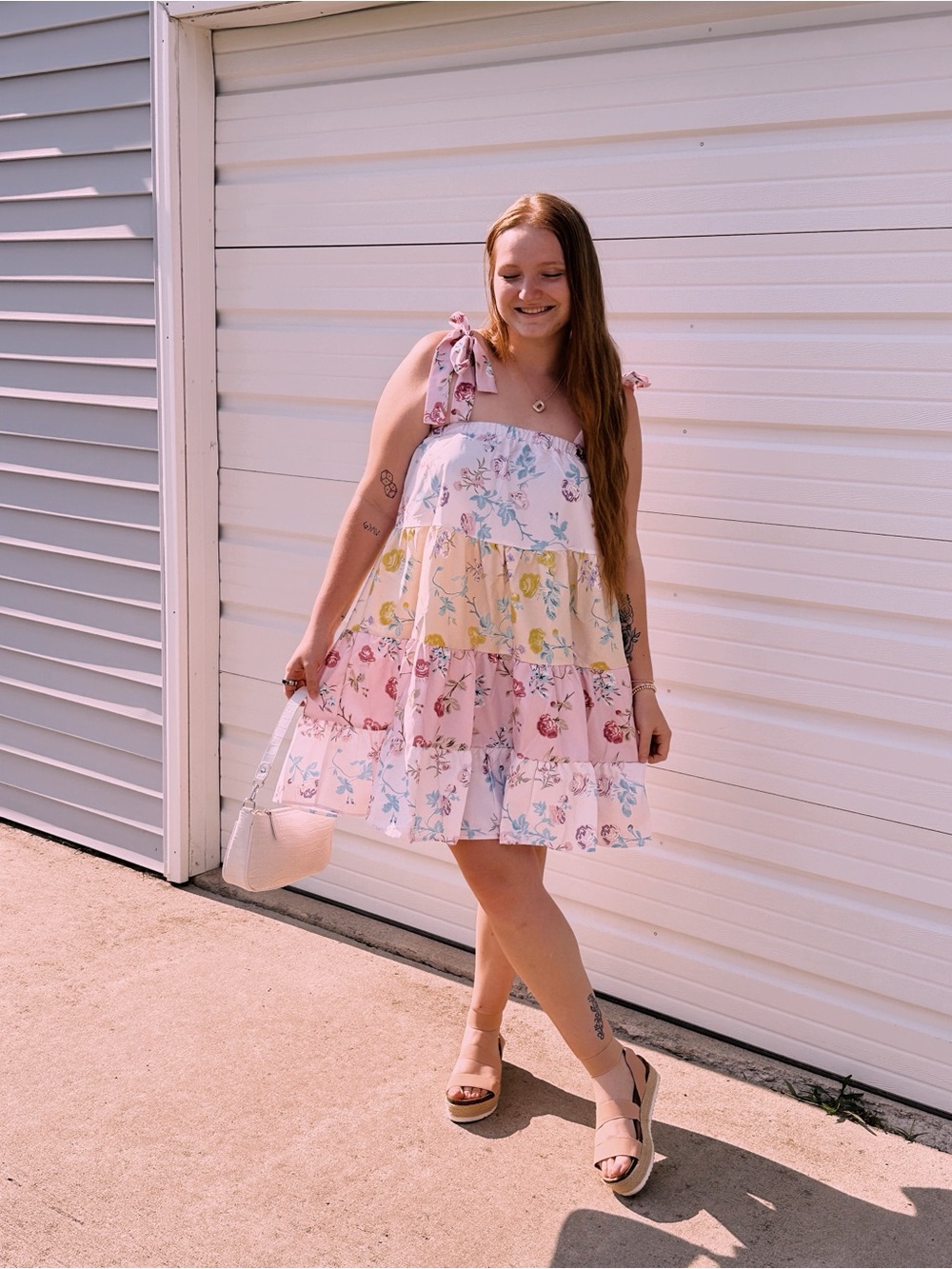 Sunday Pink Multi Floral Tiered Tie-Shoulder Dress